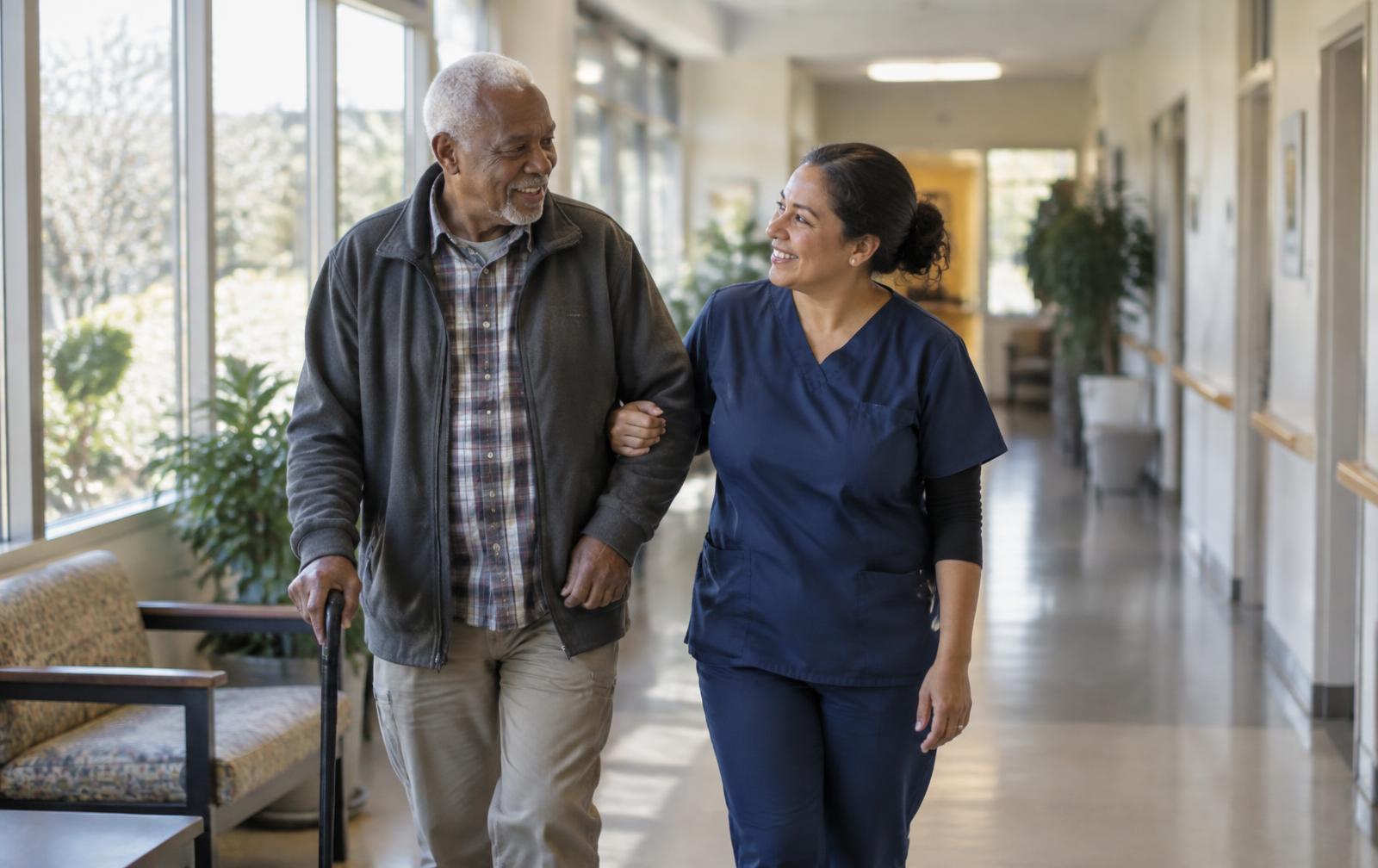 An older adult walking alongside a care provider through a bright community clinic corridor