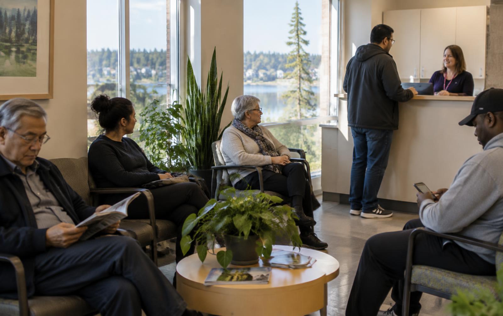 Adults of different ages waiting and speaking with reception in a daylit community clinic