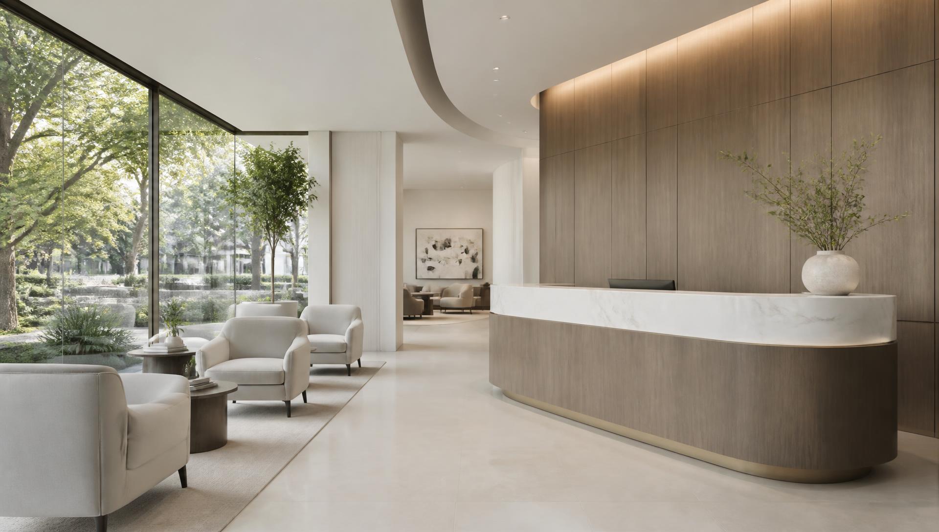Calm private clinic reception with marble and walnut detailing