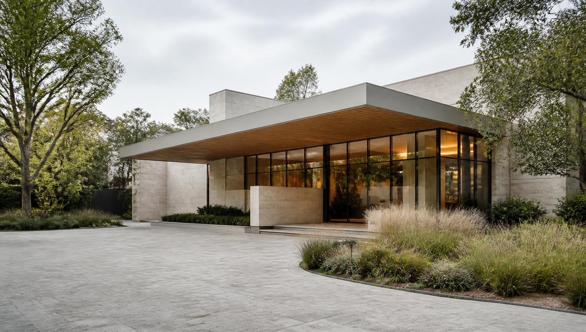 Private clinic pavilion with limestone cladding and landscaped entrance