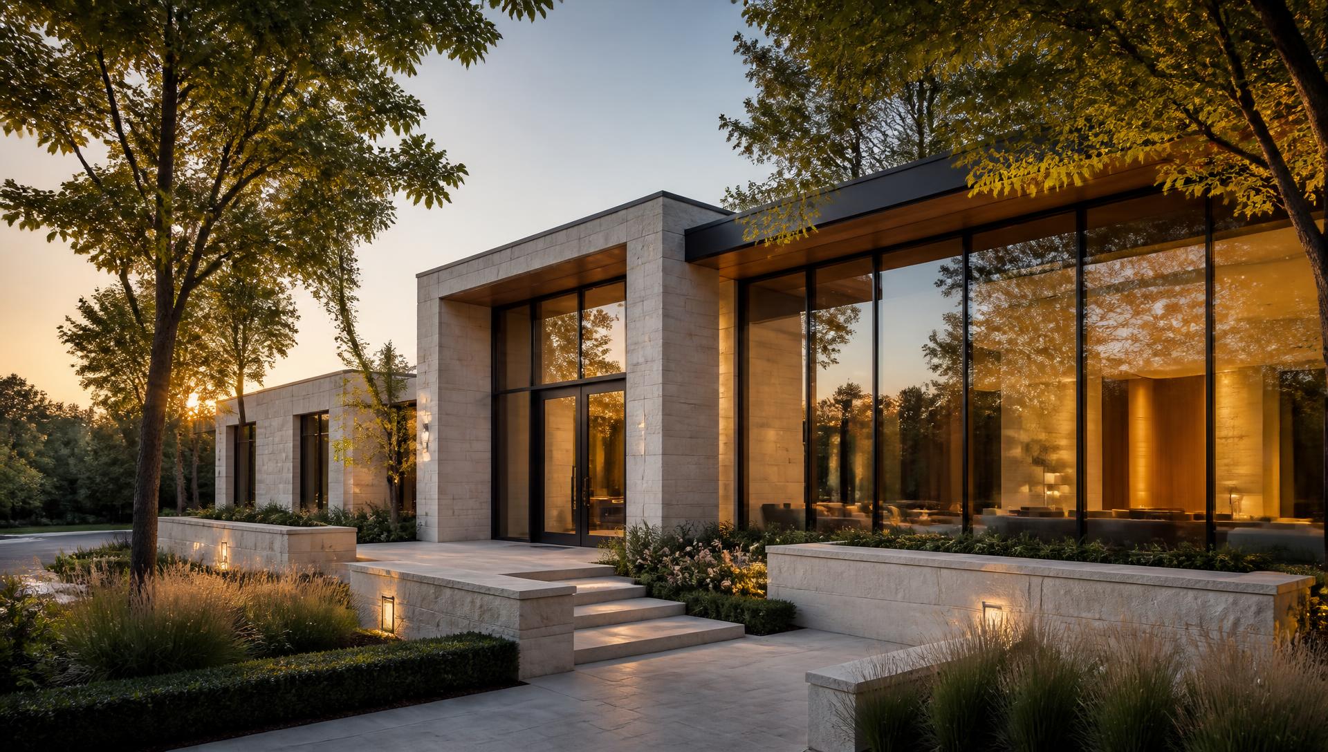 Contemporary private clinic with glass architecture and natural stone
